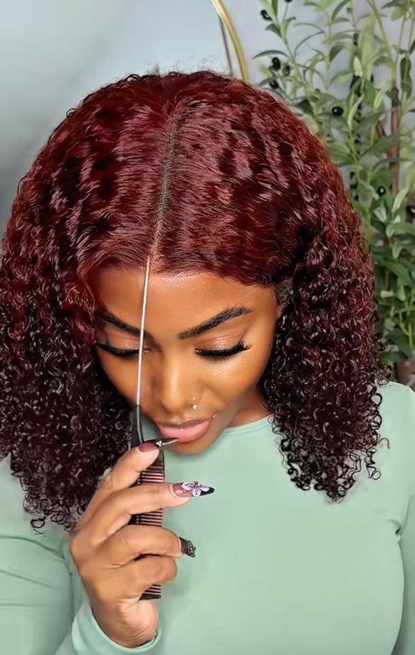 250% Density Reddish Brown Fluffy Burmese Curly Wig No Slip Glueless Pre-cut 7x5 HD Lace Closure wig