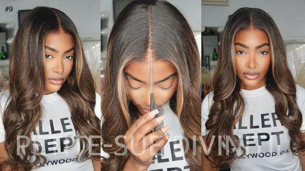 Wavy Dark Brown with Caramel Blonde Money Piece Highlights Maxipart Glueless 10x6 Lace Closure Wig